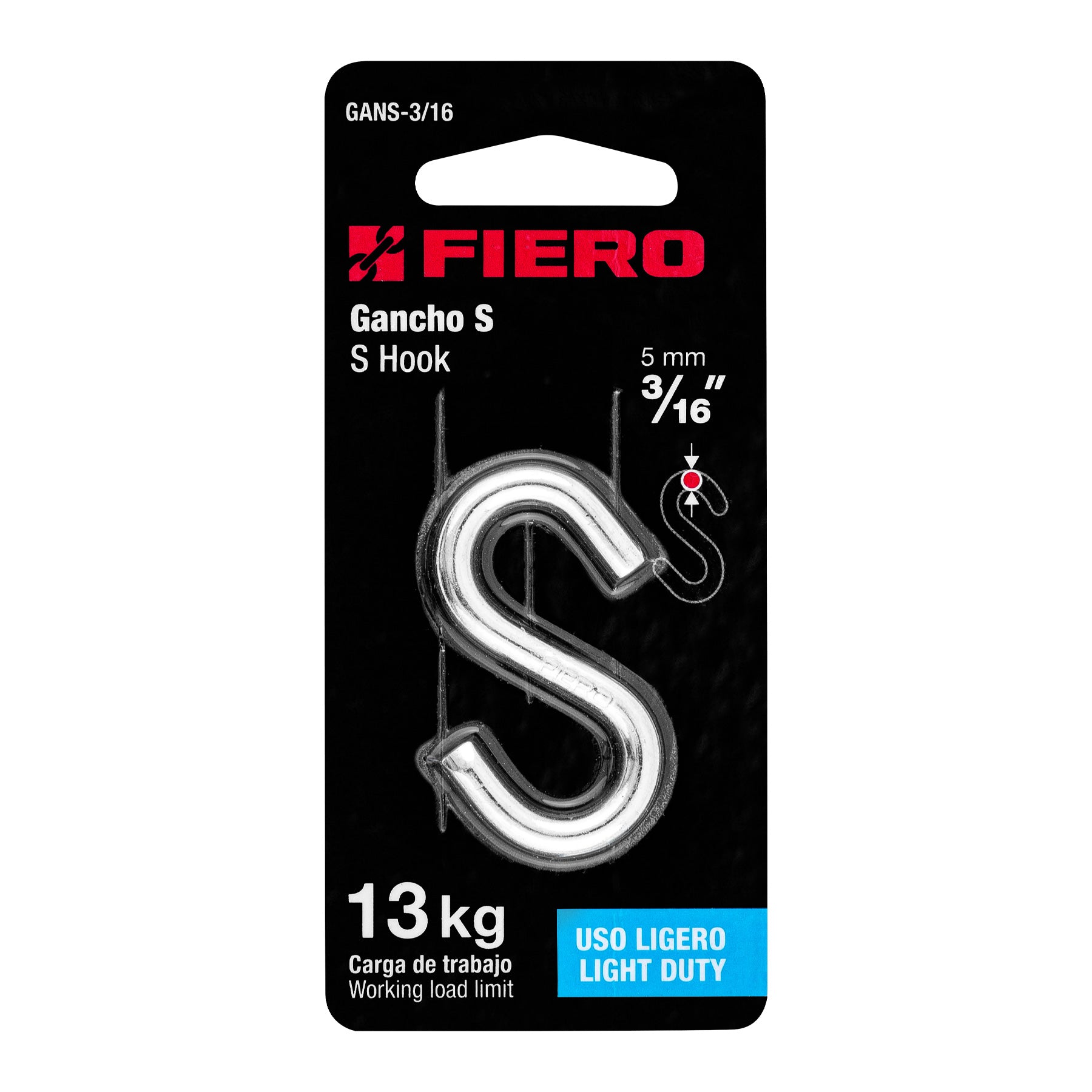 Gancho "S" de 3/16" de acero para cable, Fiero