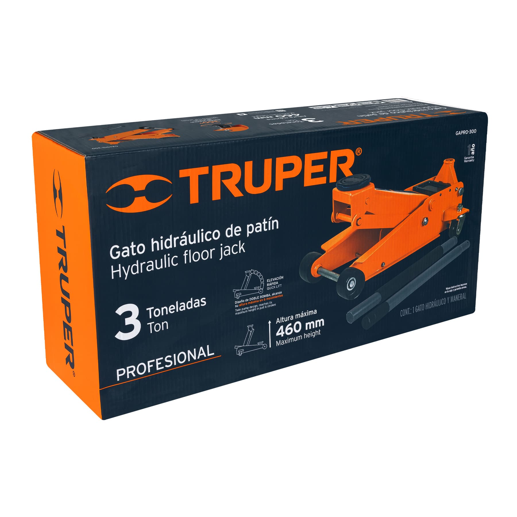 Gato hidráulico de patín 3t profesional, elev rápida, Truper