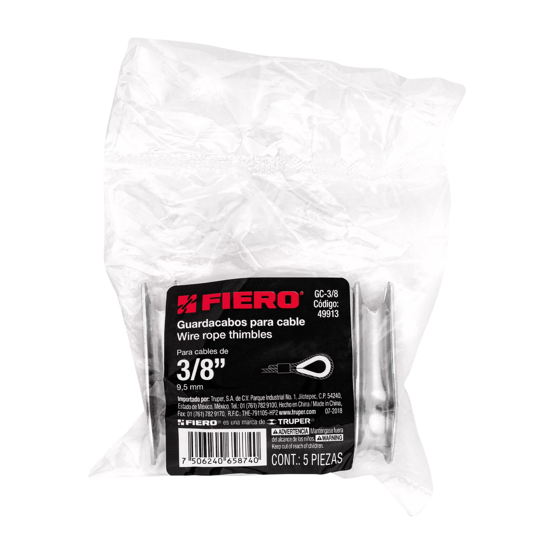 Bolsa con 5 guardacabos para cable de acero de 3/8", Fiero