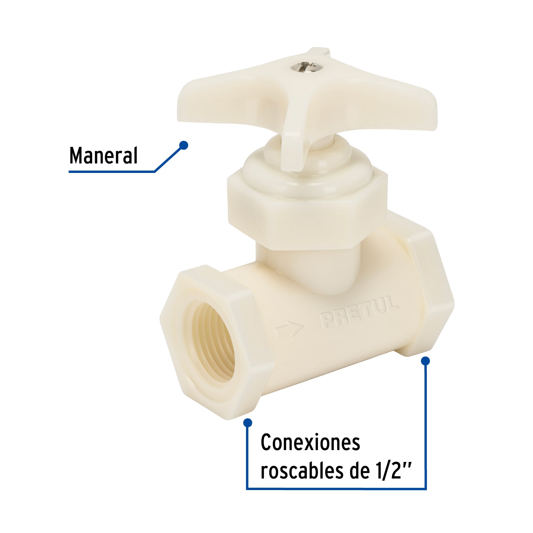 Válvula globo de ABS 1/2" roscable, Pretul