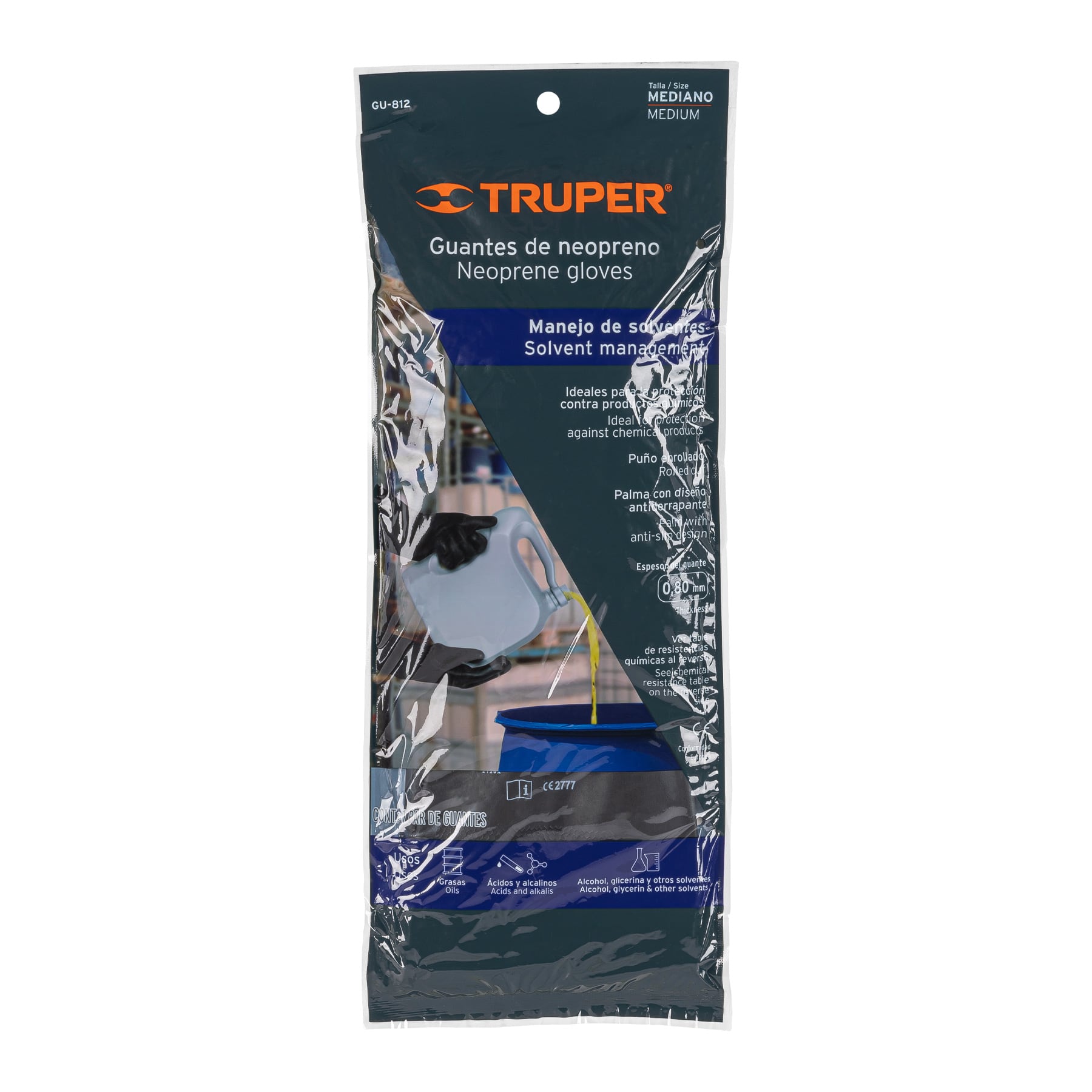 Guantes de neopreno para manejo de químicos, M, Truper