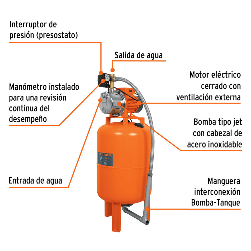 Bomba hidroneumática 1 HP,  100 litros,  Truper