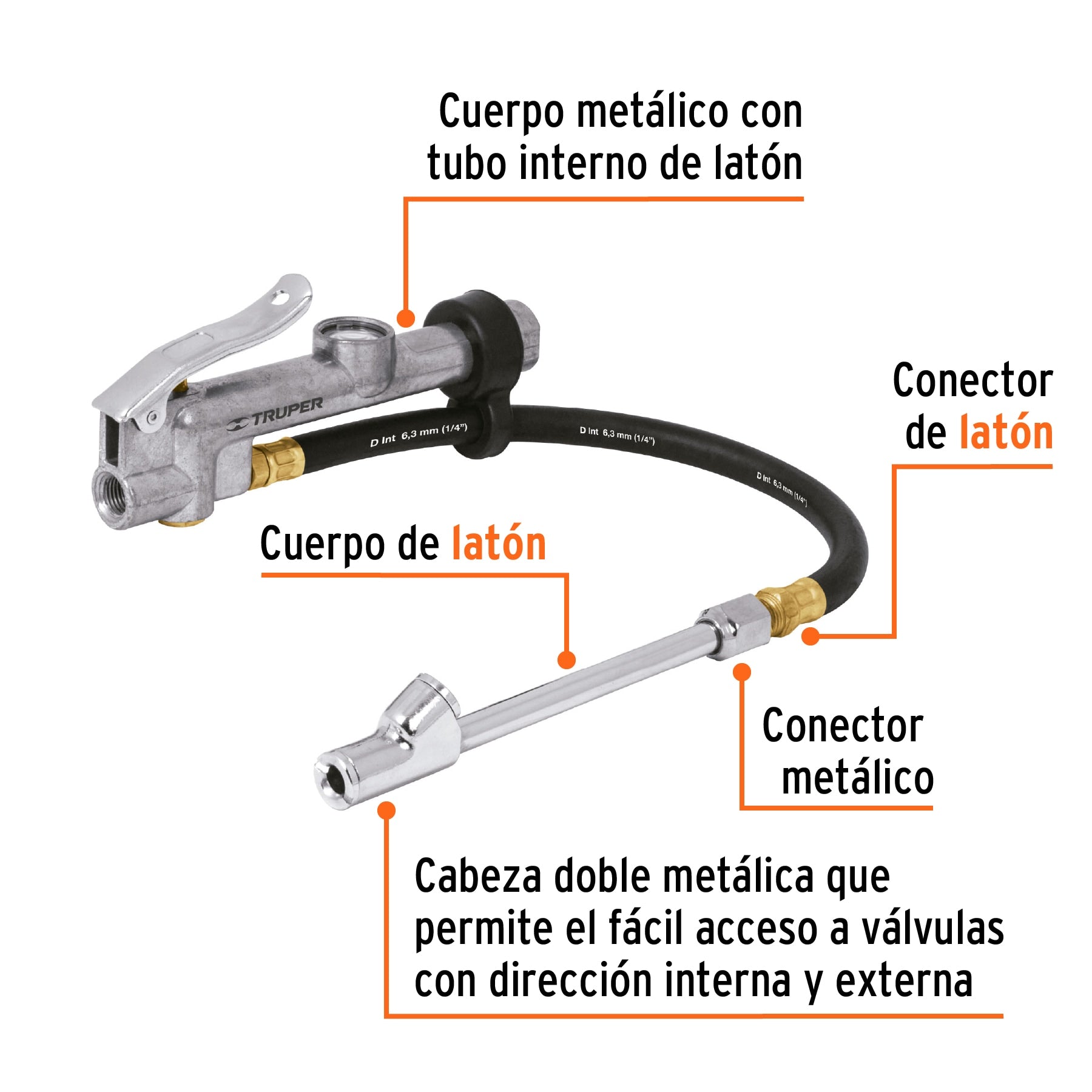 Inflador calibrador, cabeza doble, prof. 1/4" NPT, Truper
