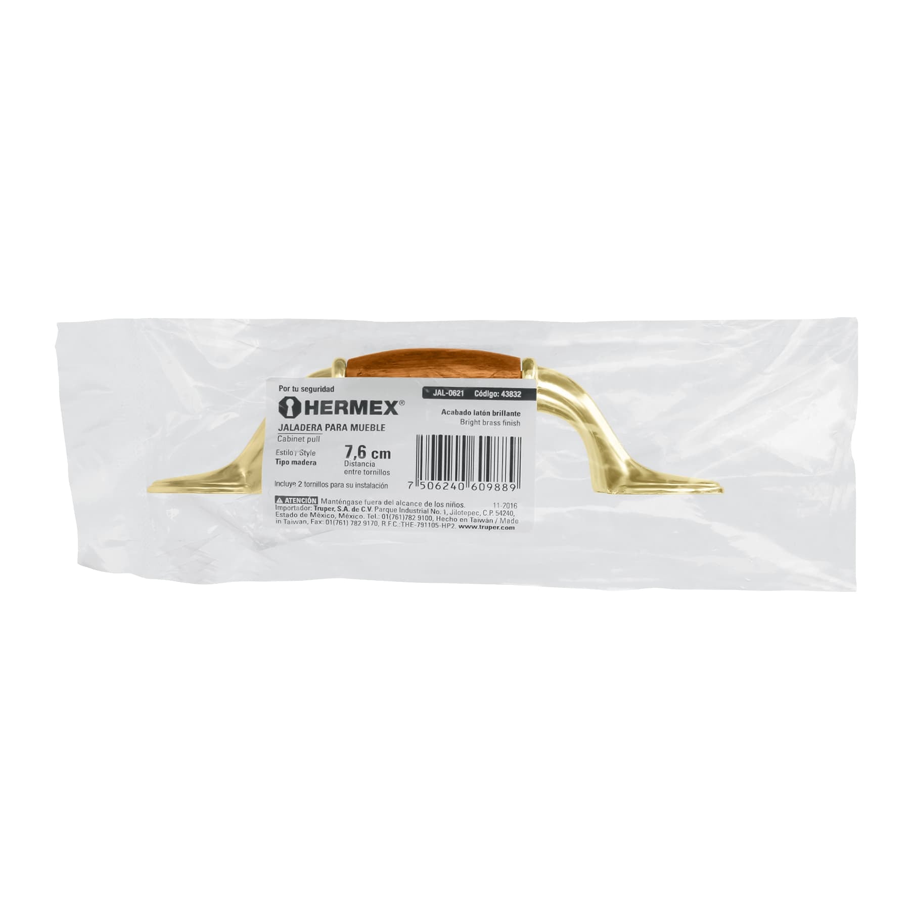 Jaladera metálica, 76mm latón brillante, inserto tipo madera