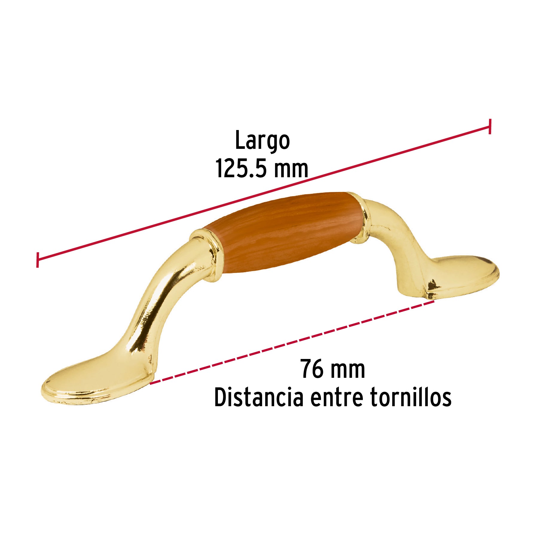 Jaladera metálica, 76mm latón brillante, inserto tipo madera
