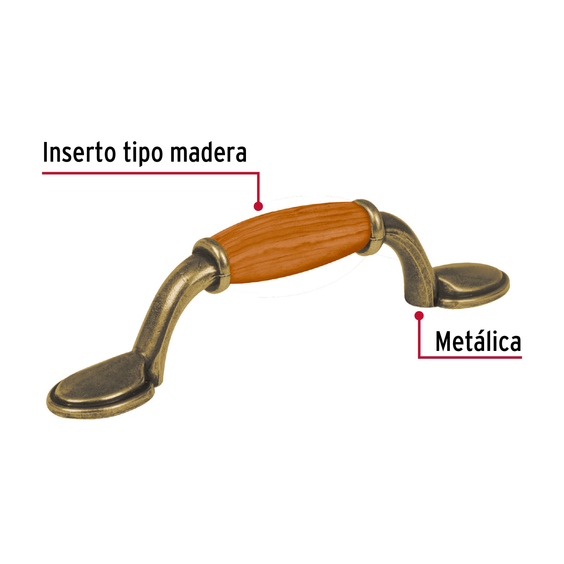 Jaladera metálica de 76mm latón antiguo, inserto tipo madera