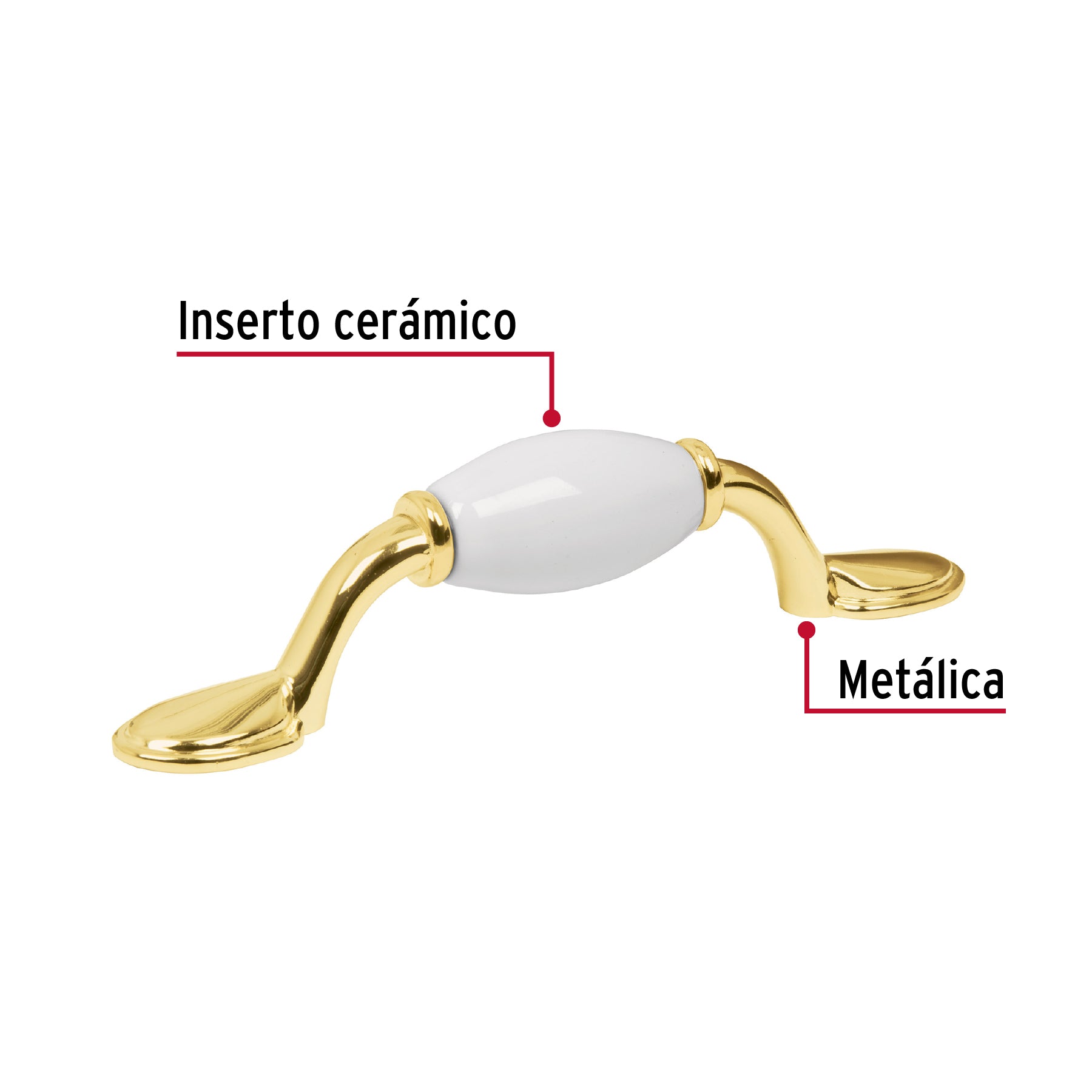 Jaladera metálica de 76 mm latón brillante, inserto cerámico