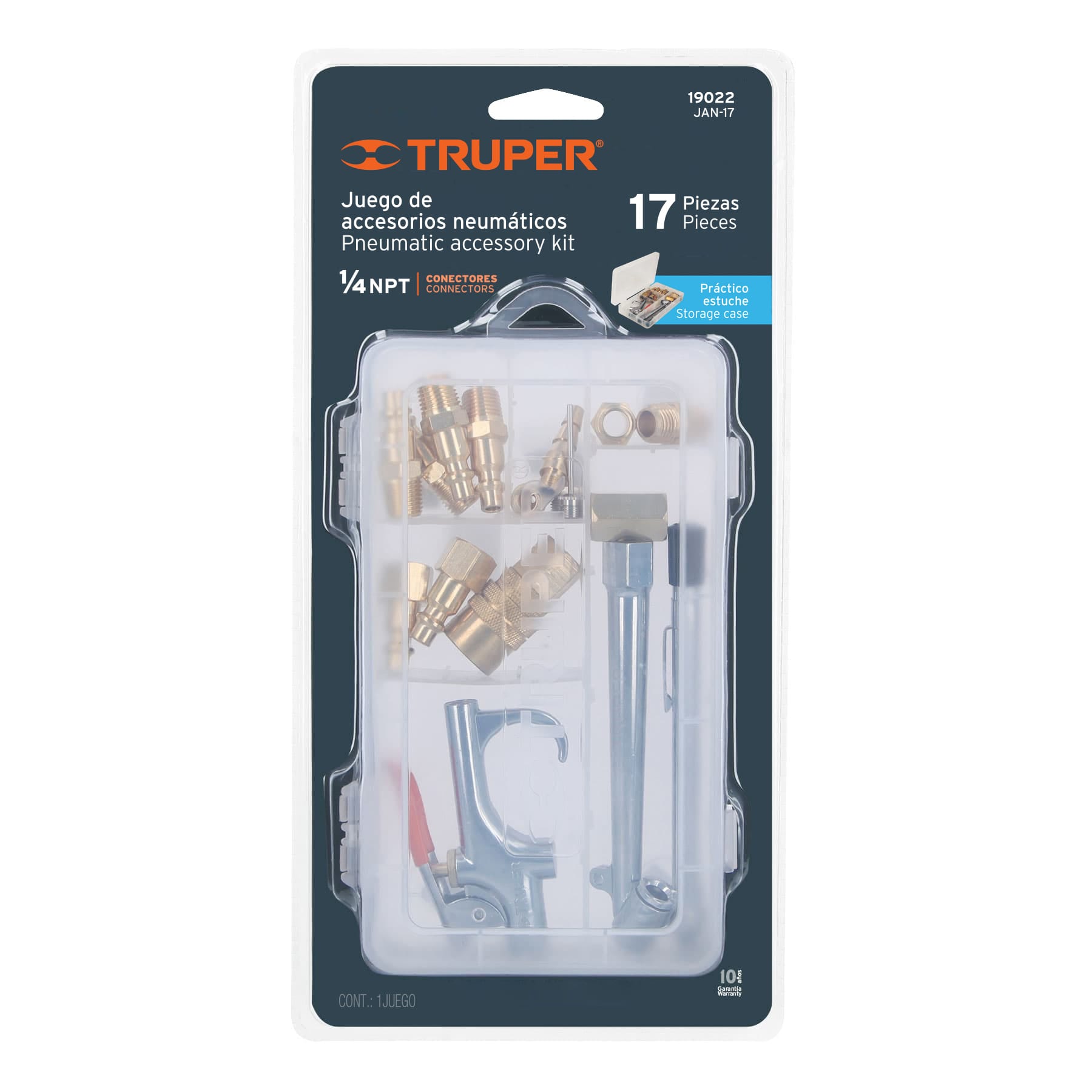 Juego de 17 accesorios neumáticos, cuerda 1/4" NPT, Truper