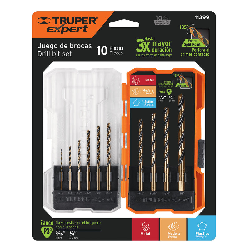 Juego de 10 brocas HSS para metal en estuche,  Truper Expert
