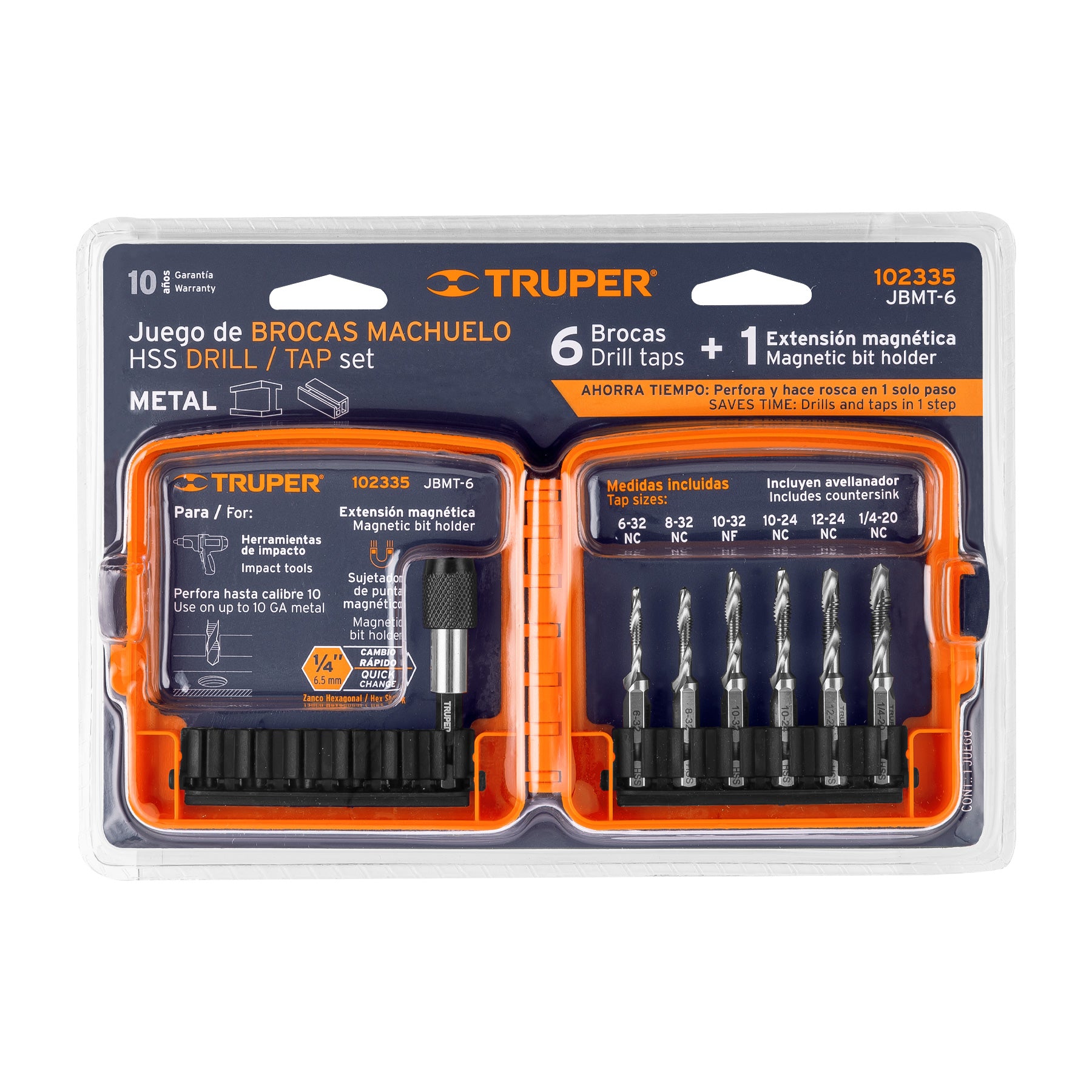 Juego de 6 brocas HSS con machuelo para metal, Truper