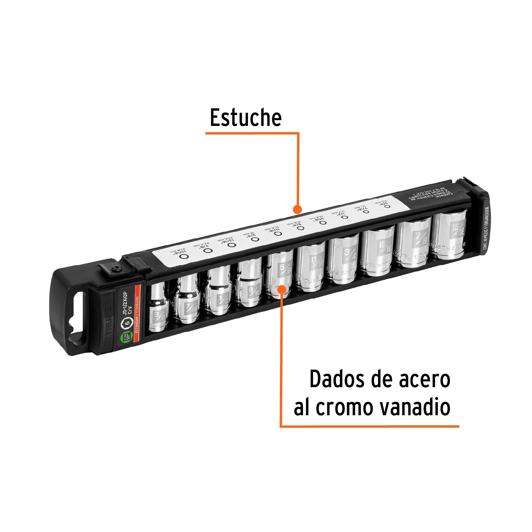 Juego de 10 dados cuadro 1/2" estándar, Truper