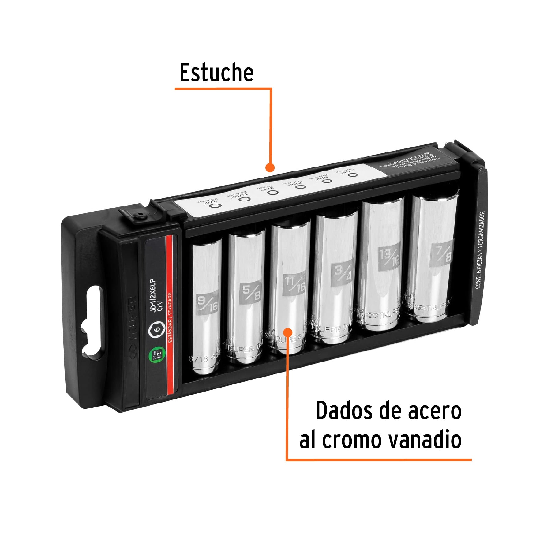 Juego 6 dados largos cuadro 1/2" estándar, Truper