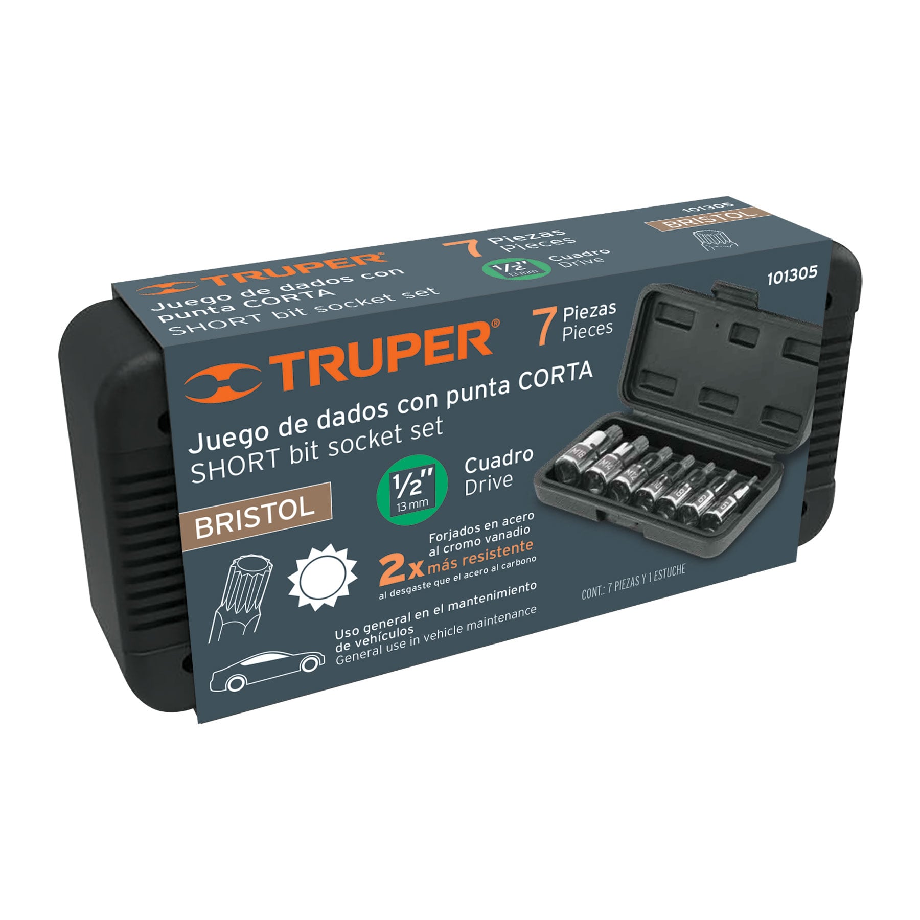 Juego de 7 dados cuadro 1/2" punta corta bristol, en estuche