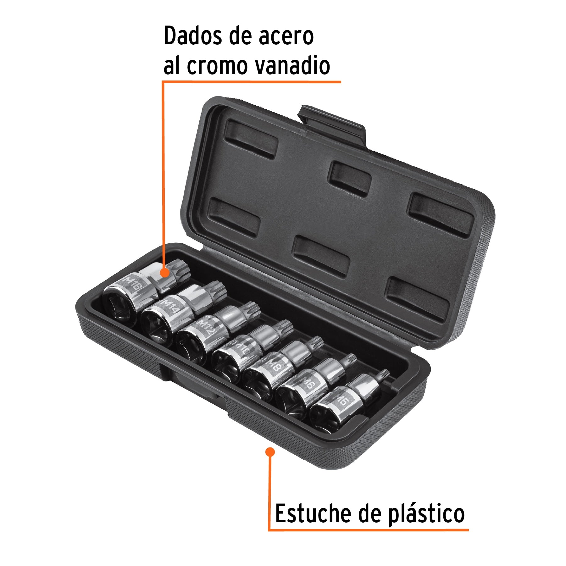 Juego de 7 dados cuadro 1/2" punta corta bristol, en estuche