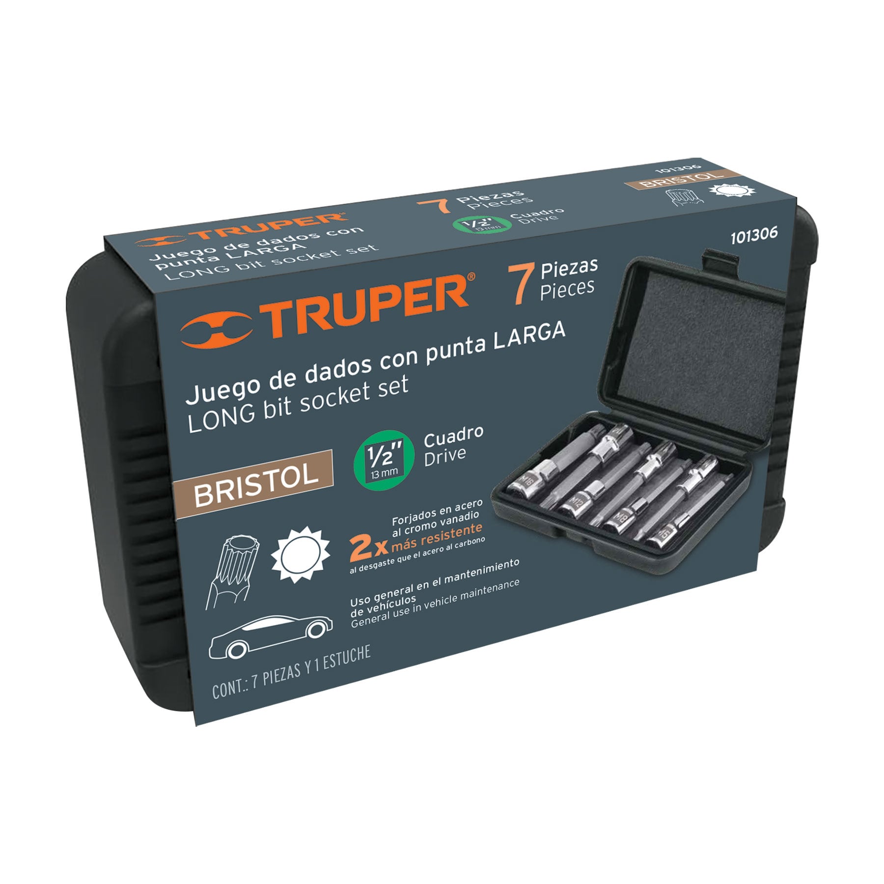 Juego de 7 dados cuadro 1/2" punta larga bristol, en estuche
