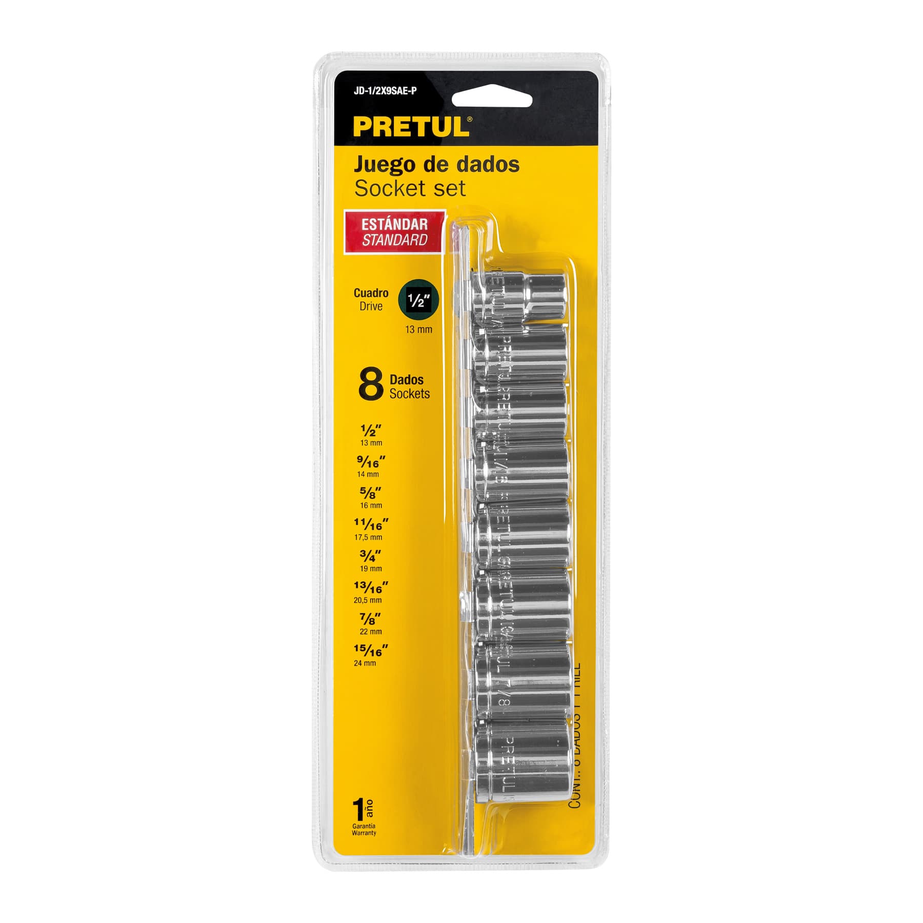 Juego de 8 dados cuadro 1/2" estándar, Pretul
