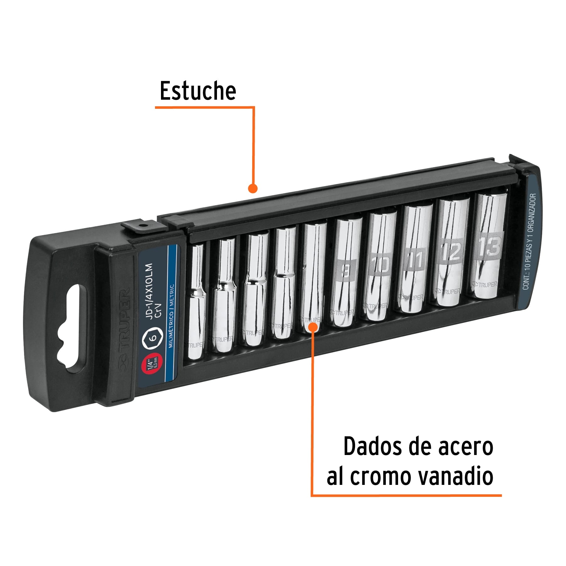 Juego de 10 dados largos cuadro 1/4" mm, Truper