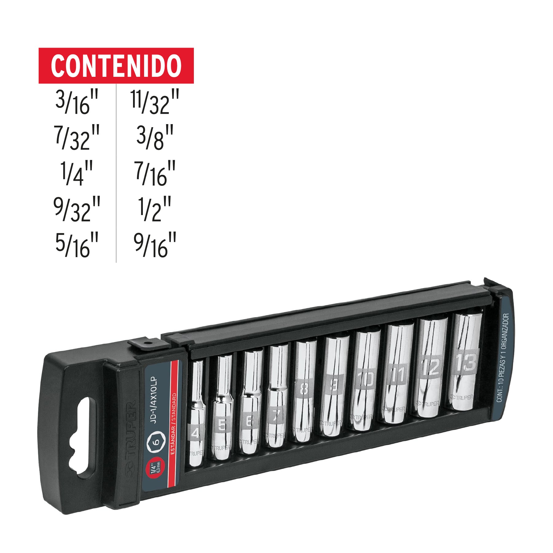 Juego de 10 dados largos cuadro 1/4" estándar, Truper