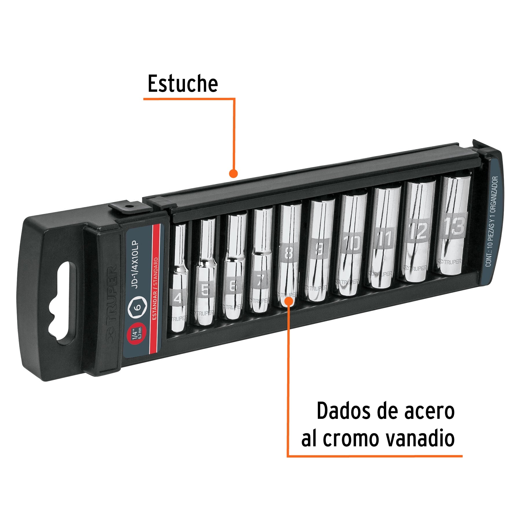 Juego de 10 dados largos cuadro 1/4" estándar, Truper