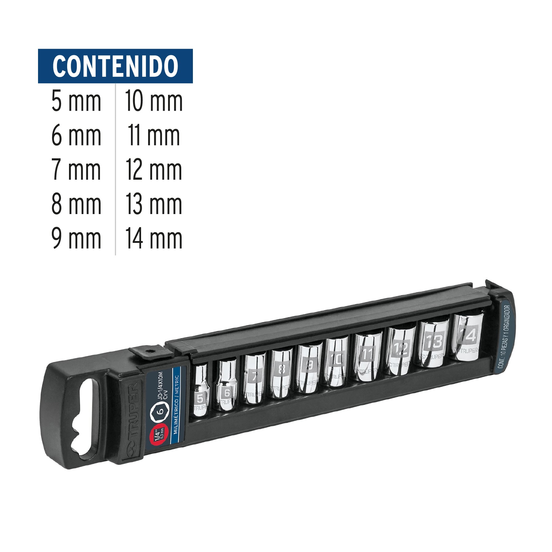 Juego de 10 dados cuadro 1/4" mm, Truper