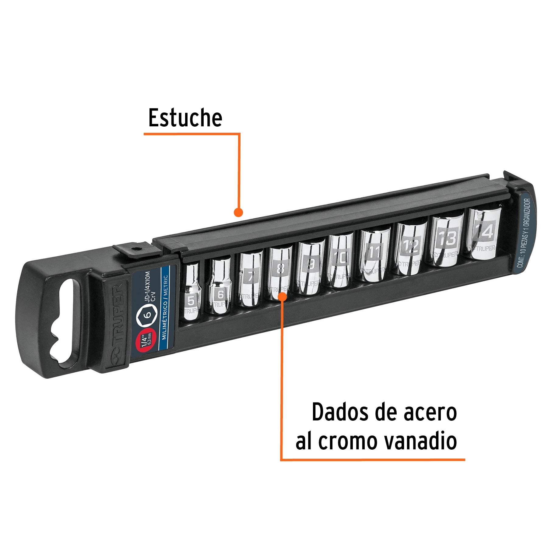 Juego de 10 dados cuadro 1/4" mm, Truper