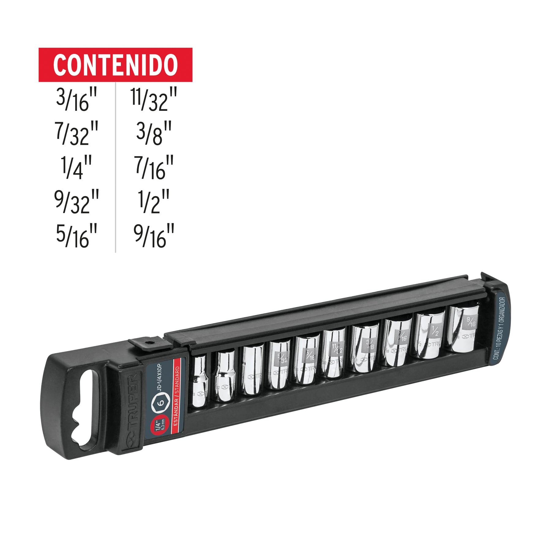 Juego de 10 dados cuadro 1/4" estándar, Truper