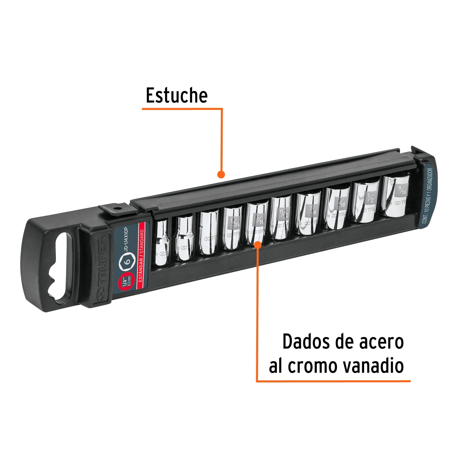 Juego de 10 dados cuadro 1/4" estándar, Truper