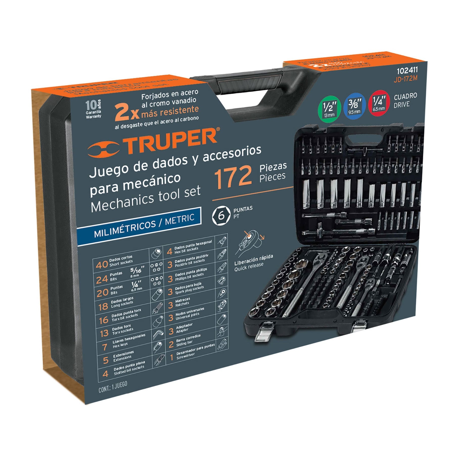 Juego de 172 herramientas 1/4", 3/8" y 1/2" mm para mecánico