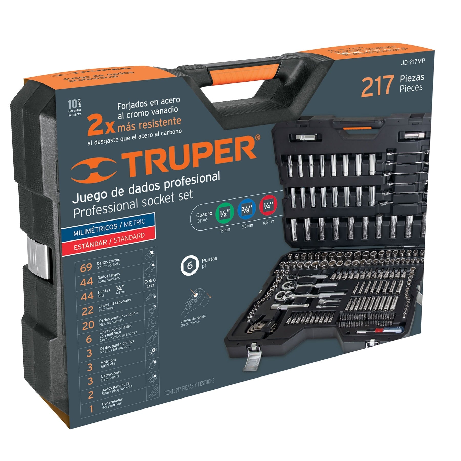 Juego 217 herramientas 1/4", 3/8" y 1/2" estándar y mm para mecánico