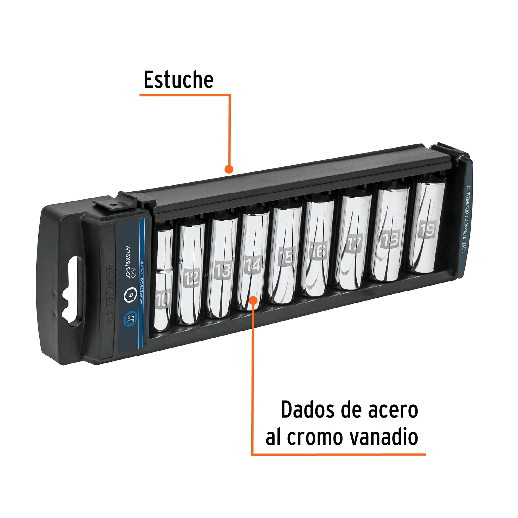 Juego de 9 dados largos cuadro 3/8" mm, Truper