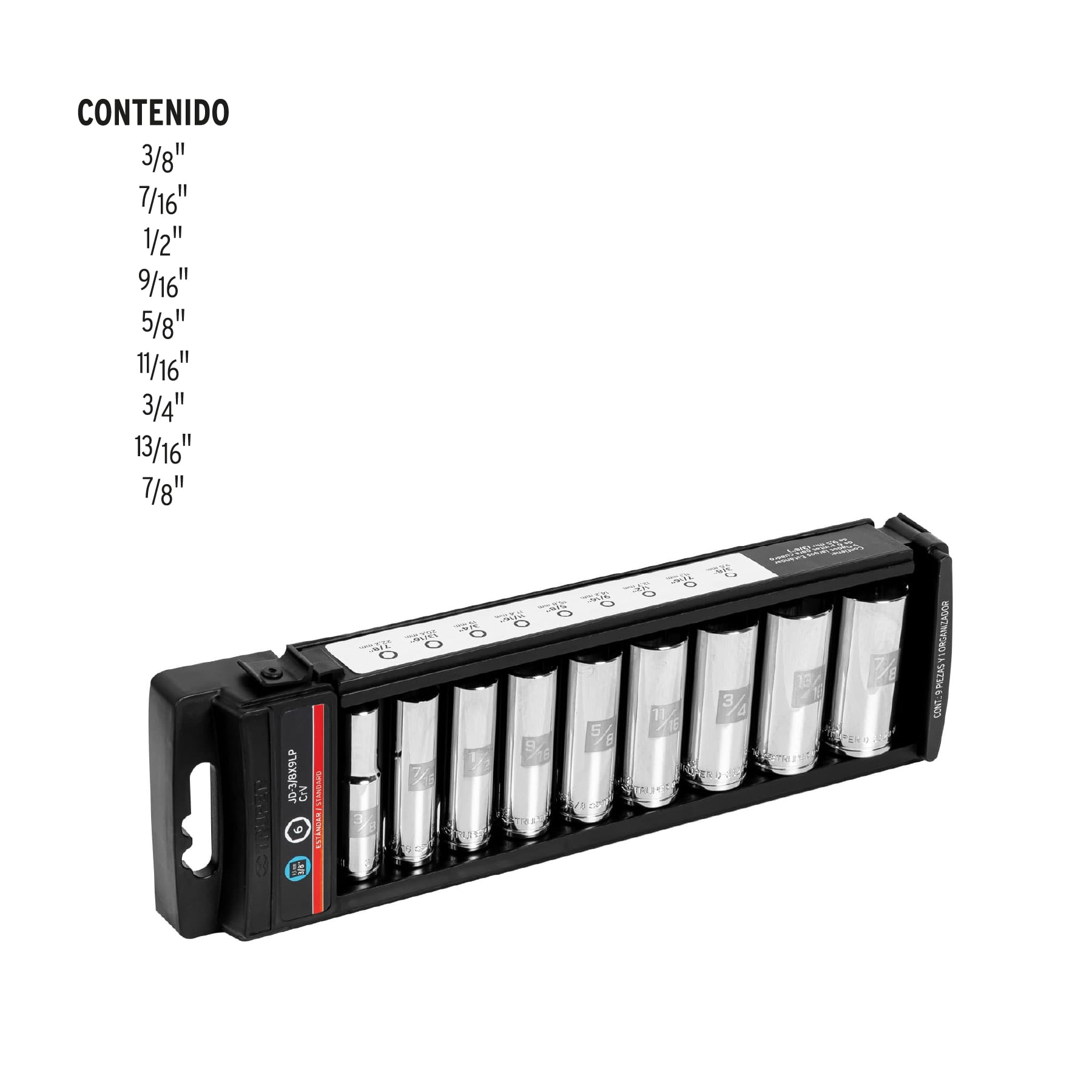 Juego de 9 dados largos cuadro 3/8" estándar, Truper