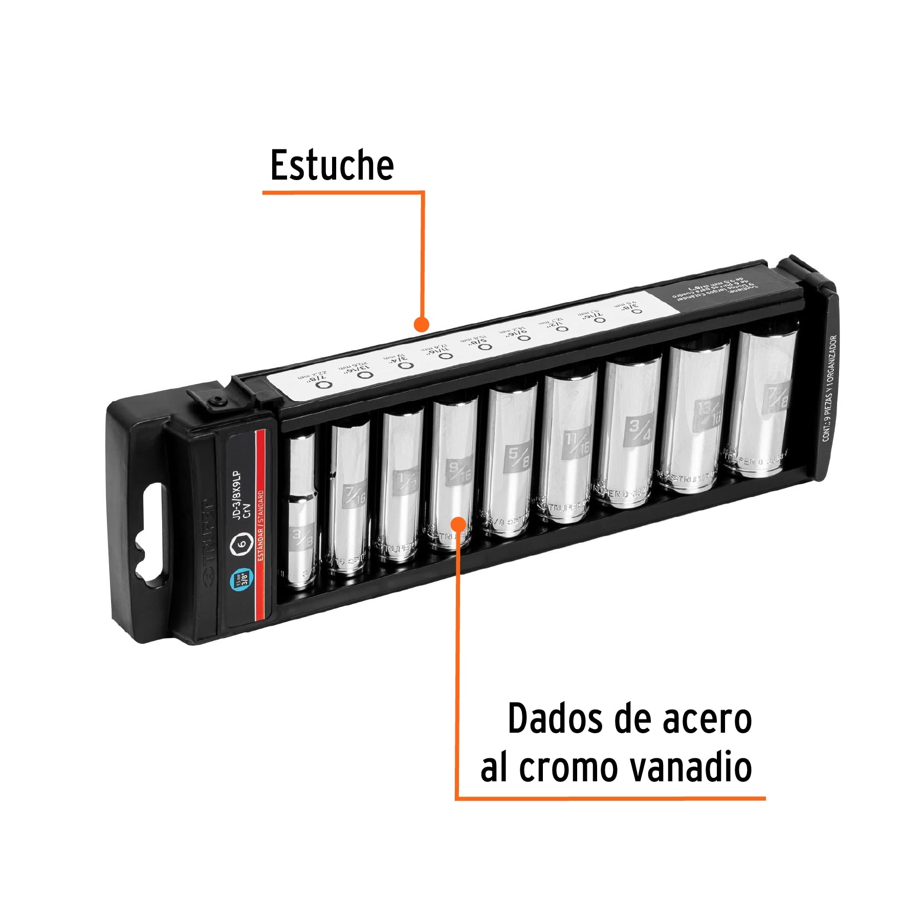 Juego de 9 dados largos cuadro 3/8" estándar, Truper