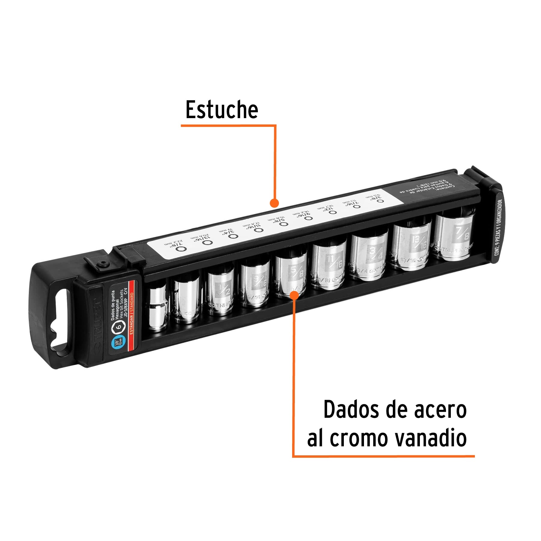 Juego de 9 dados cuadro 3/8" estándar, Truper