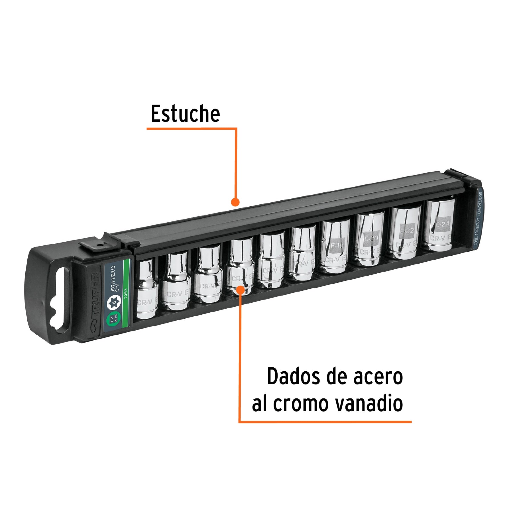 Juego de 10 dados cuadro 1/2" torx, Truper
