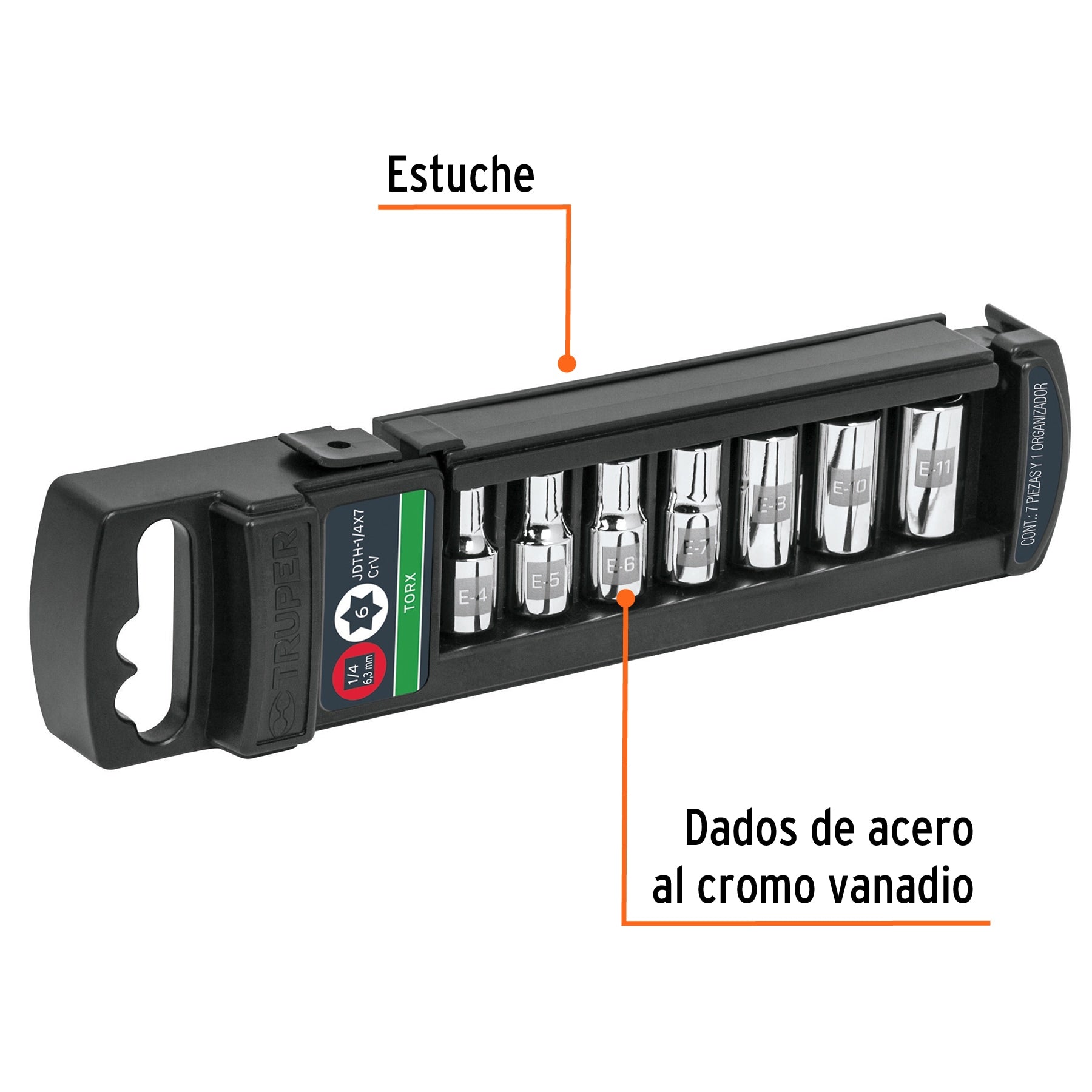 Juego de 7 dados torx cuadro 1/4", Truper