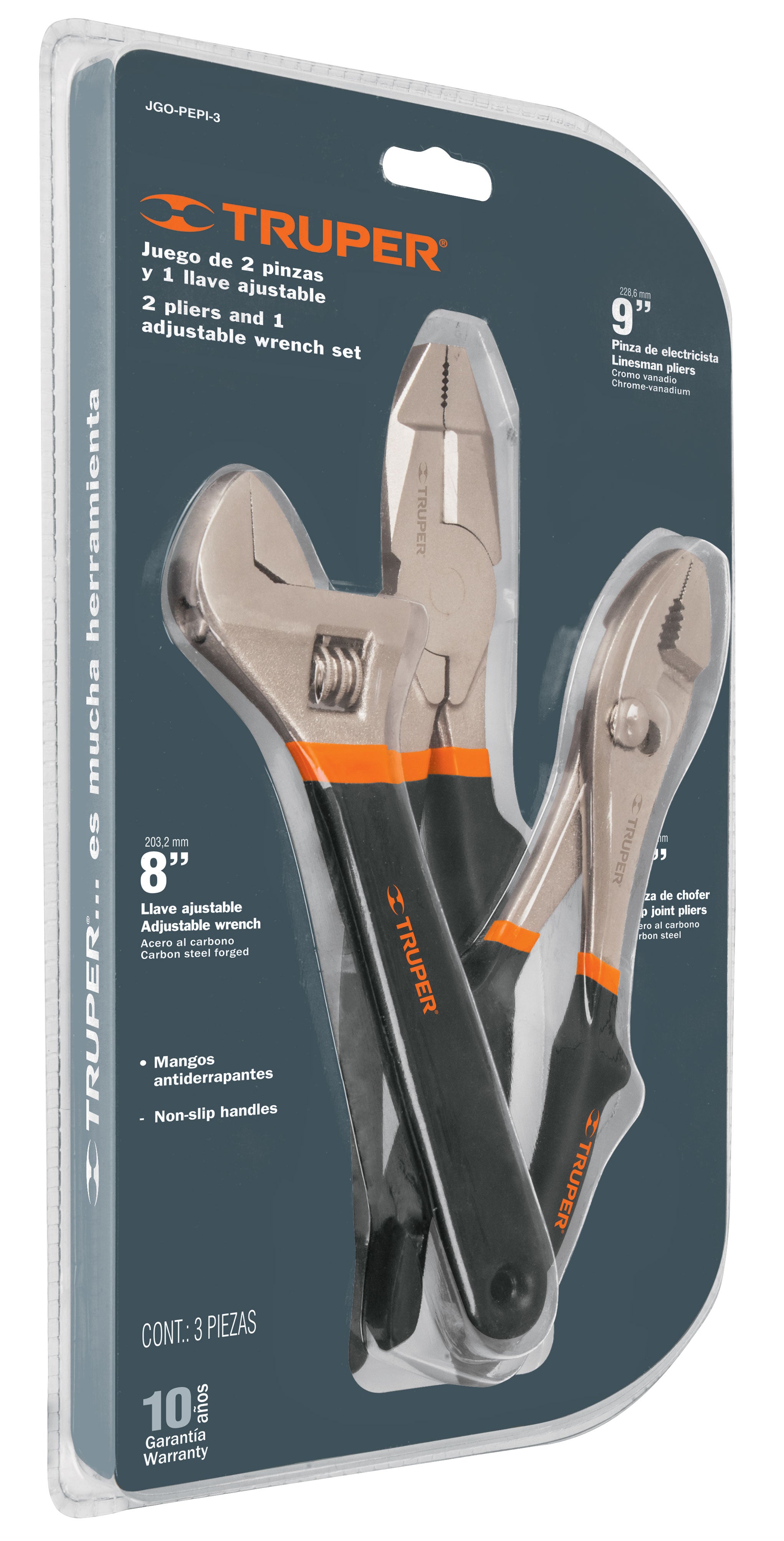 Juego con 2 pinzas y 1 llave ajustable mango de PVC, Truper