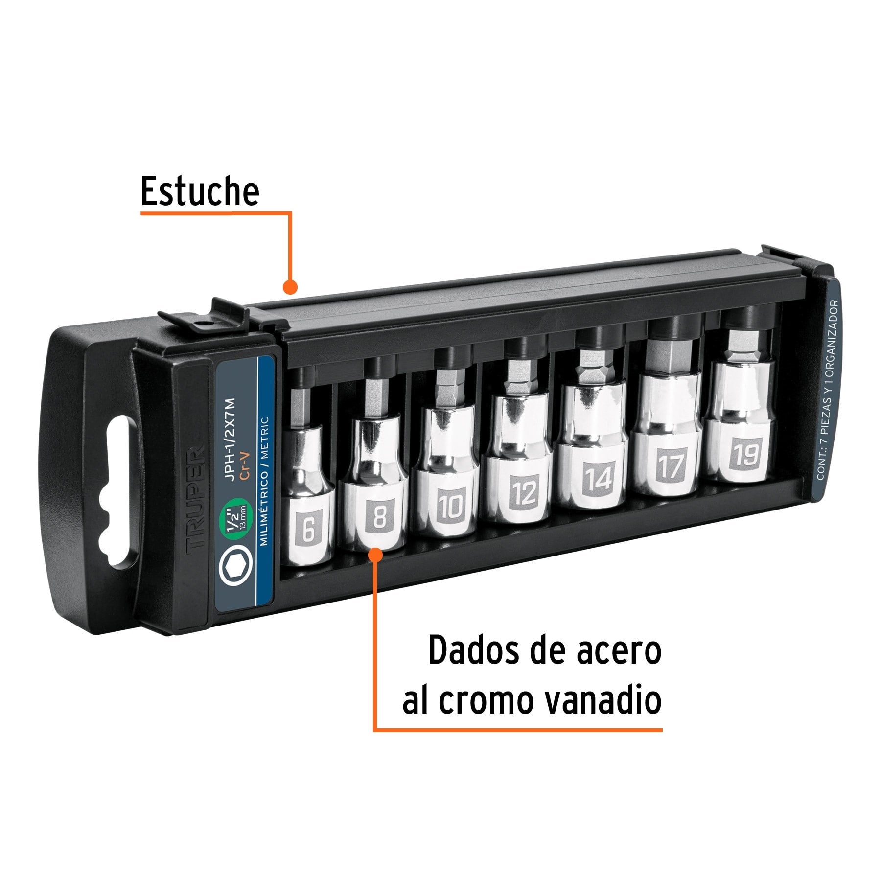 Juego de 7 dados cuadro 1/2" punta hexagonal mm, Truper