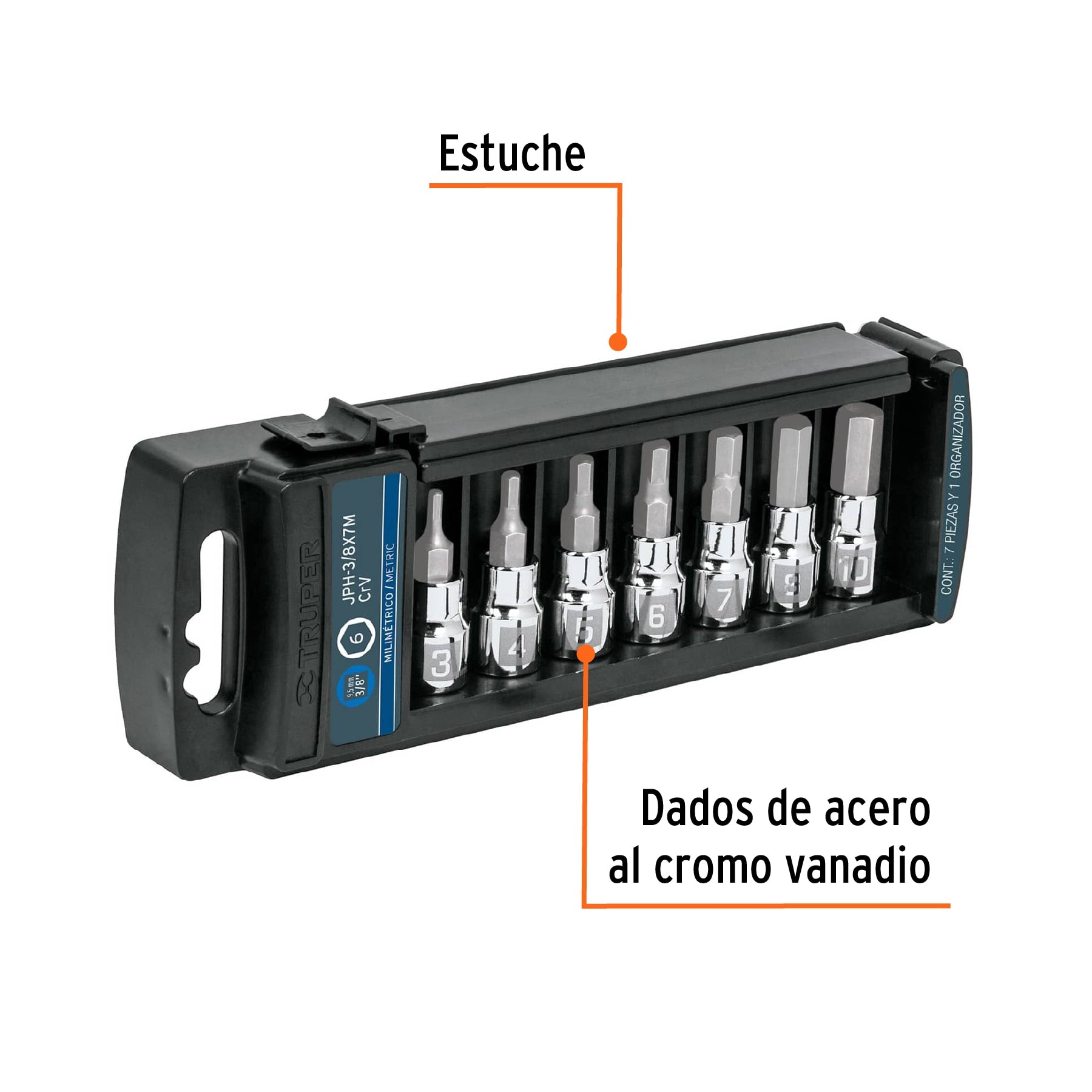 Juego de 7 dados cuadro 3/8" punta hexagonal mm, Truper