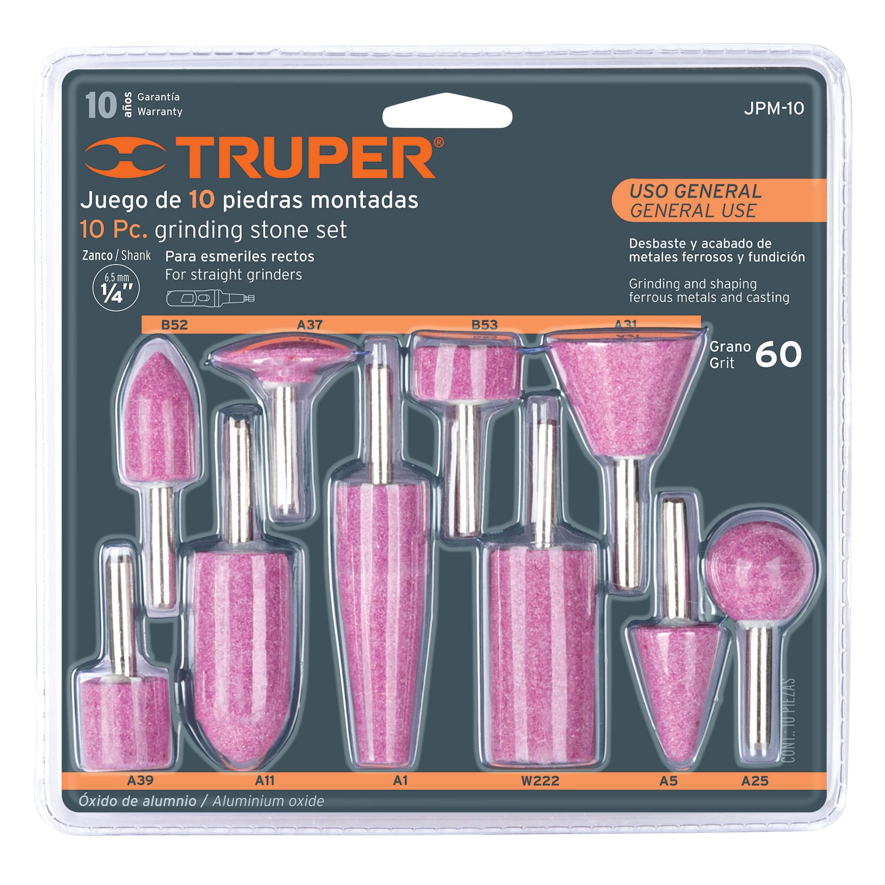 Juego de 10 piedras montadas zanco 1/4", uso general, Truper