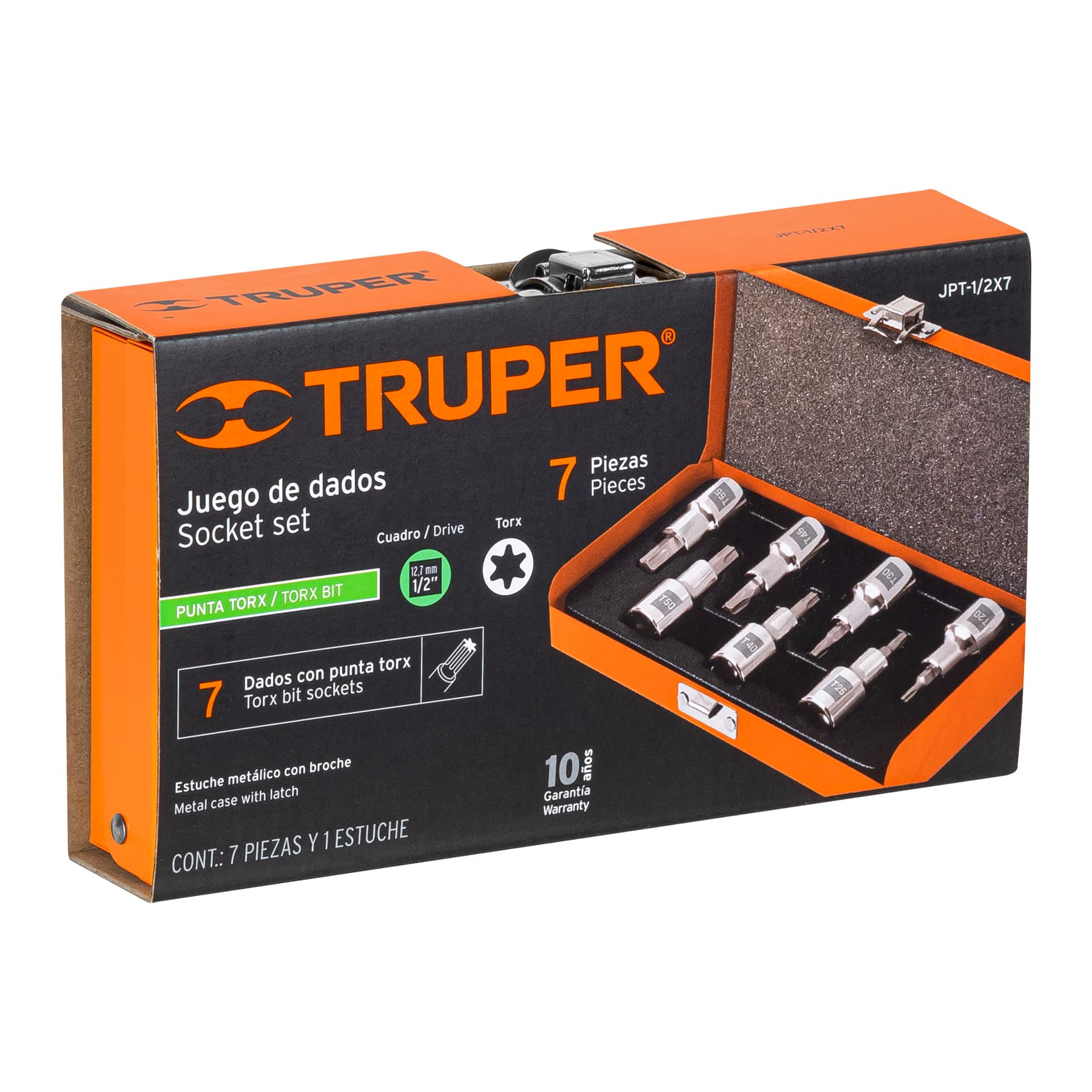 Juego de 7 dados cuadro 1/2" punta torx, estuche metálico