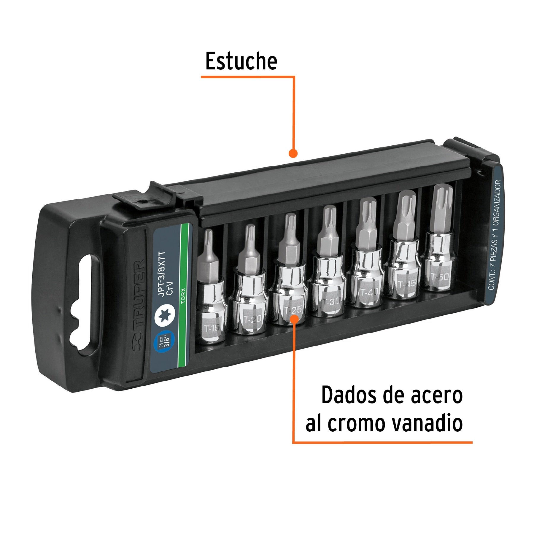 Juego de 7 dados cuadro 3/8" punta torx, Truper