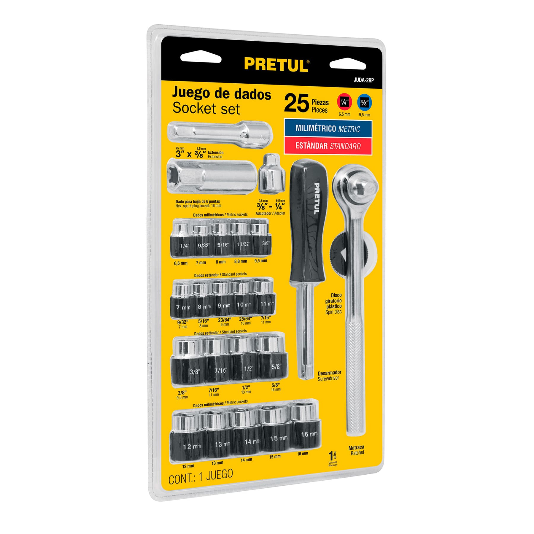 Juego de 25 herramientas 1/4" y 3/8" para mecánico, Pretul