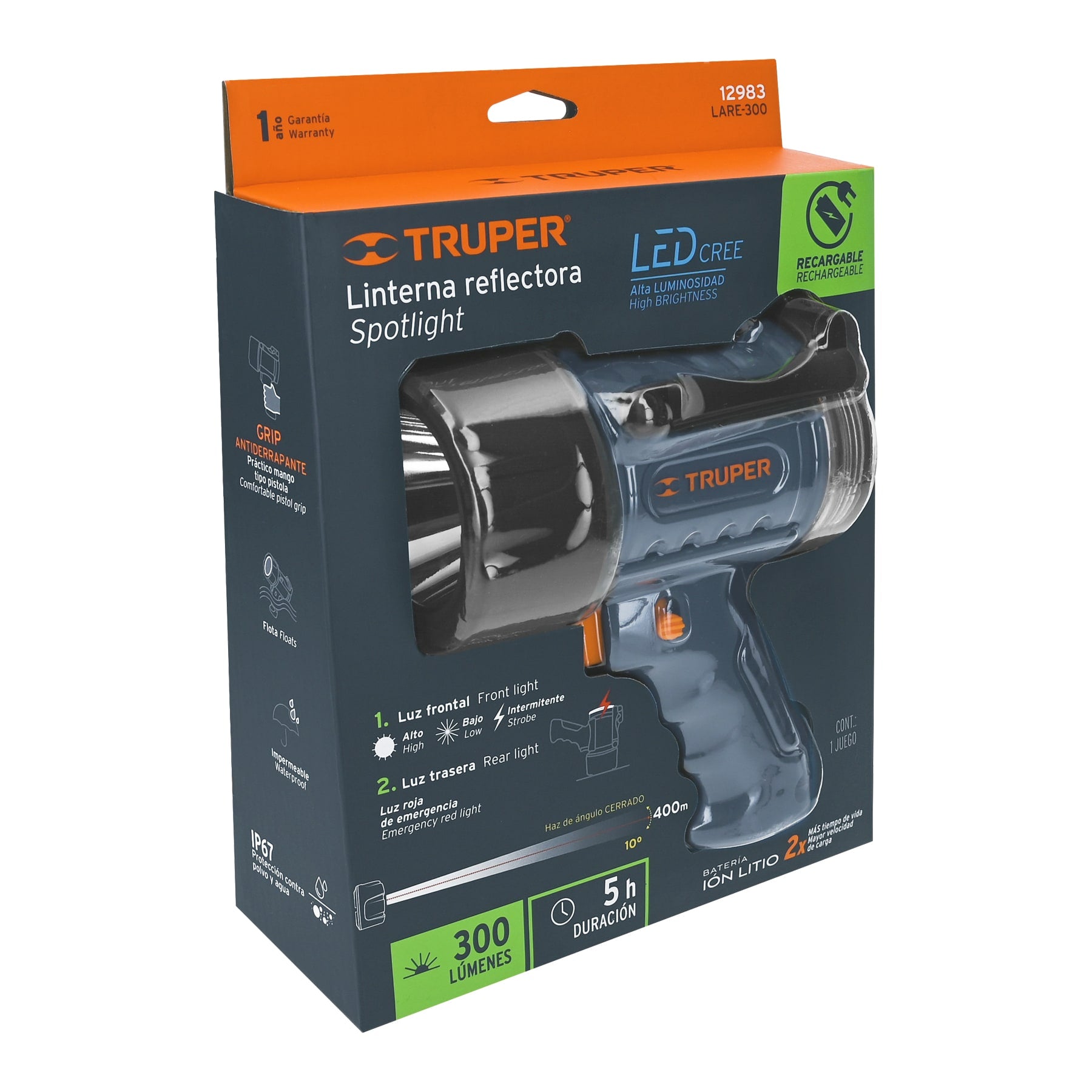Linterna reflectora LED 300 lm recargable, Truper
