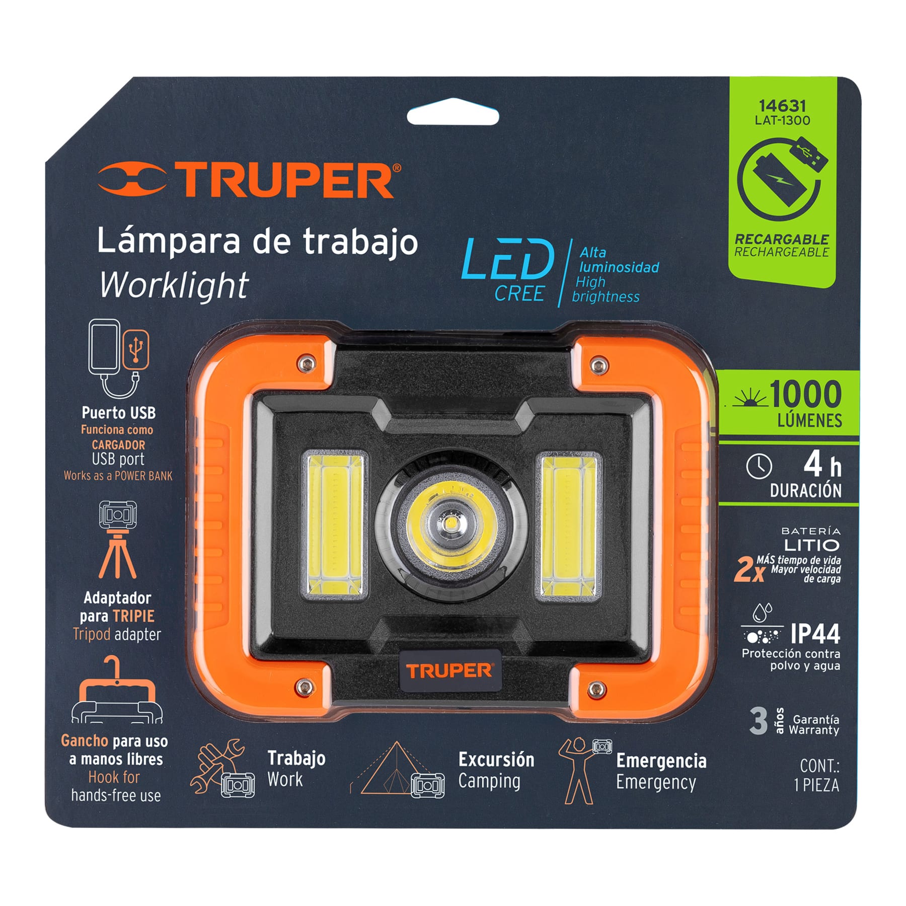 Lámpara LED 1000 lm de trabajo, recargable, Truper