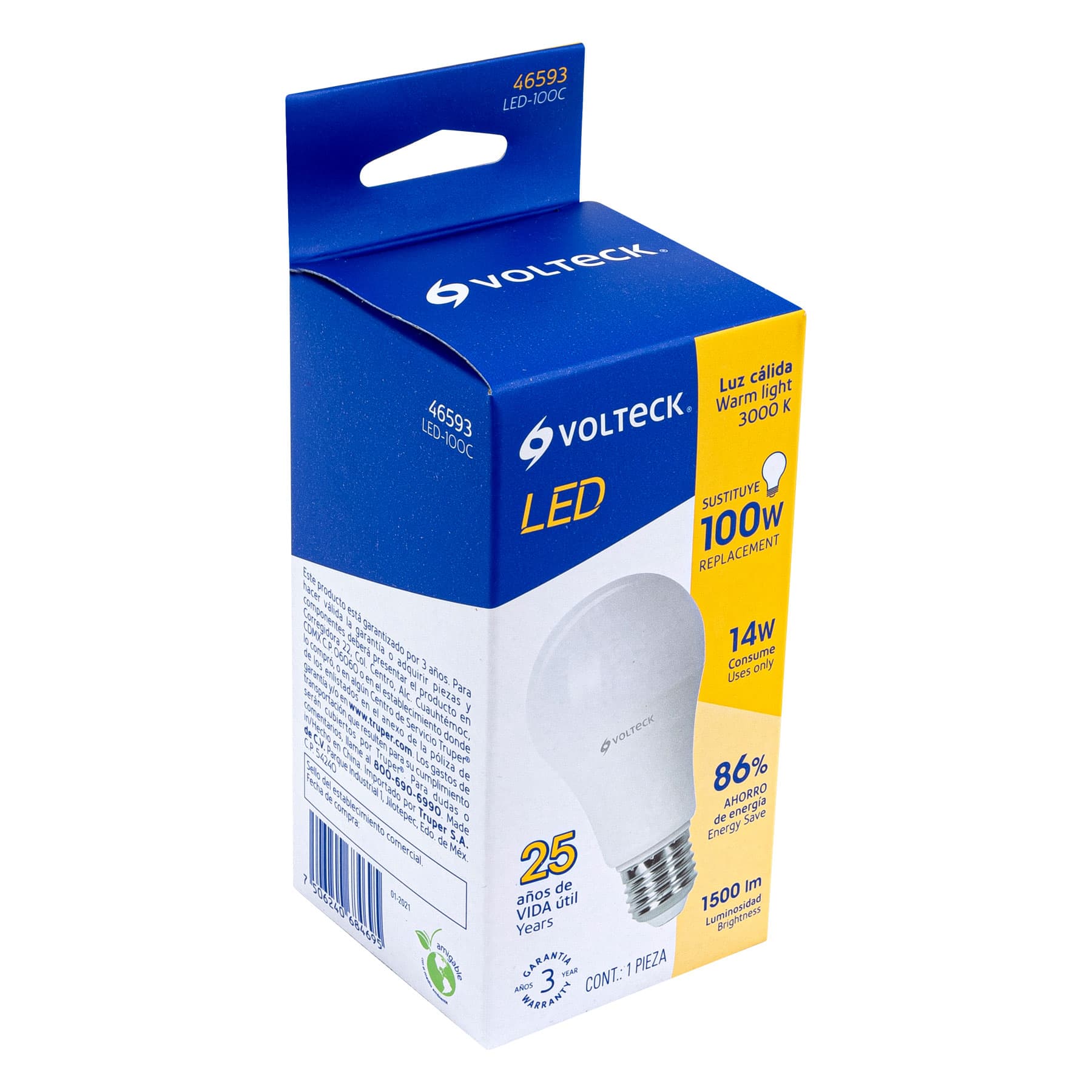 Lámpara LED A19 14 W (equiv. 100 W) luz cálida, caja Volteck