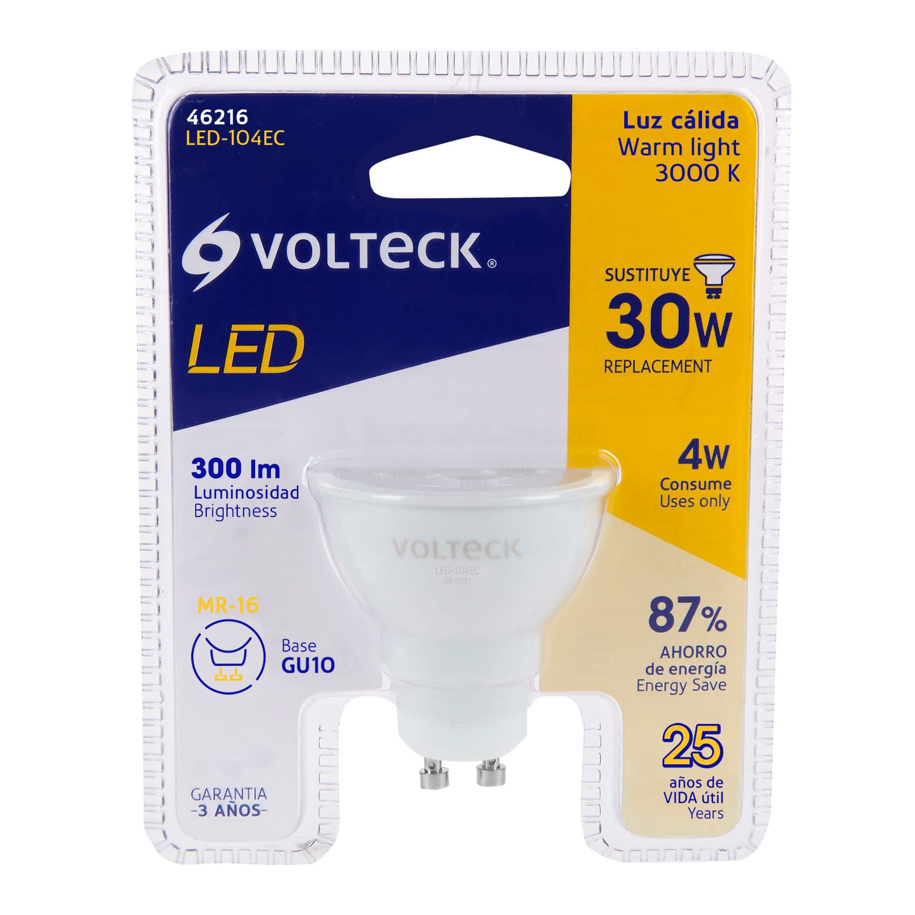 Lámpara de LED 4 W tipo MR 16 base GU10 luz cálida, blíster