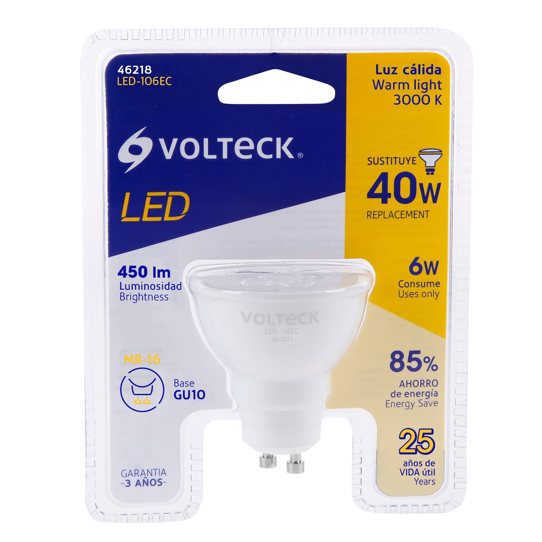 Lámpara de LED 6 W tipo MR 16 base GU10 luz cálida, blíster