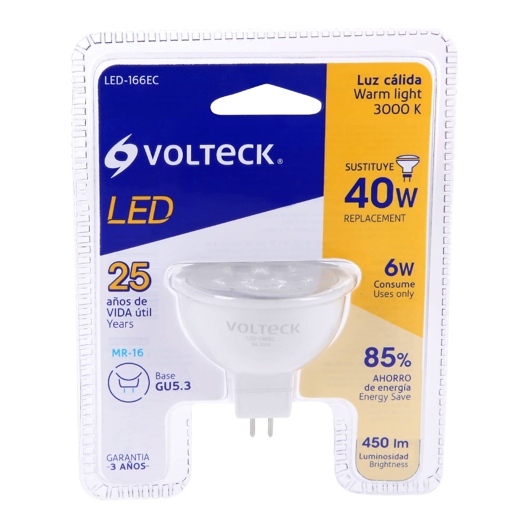 Lámpara de LED 6 W tipo MR 16 base GU5.3 luz cálida, blíster