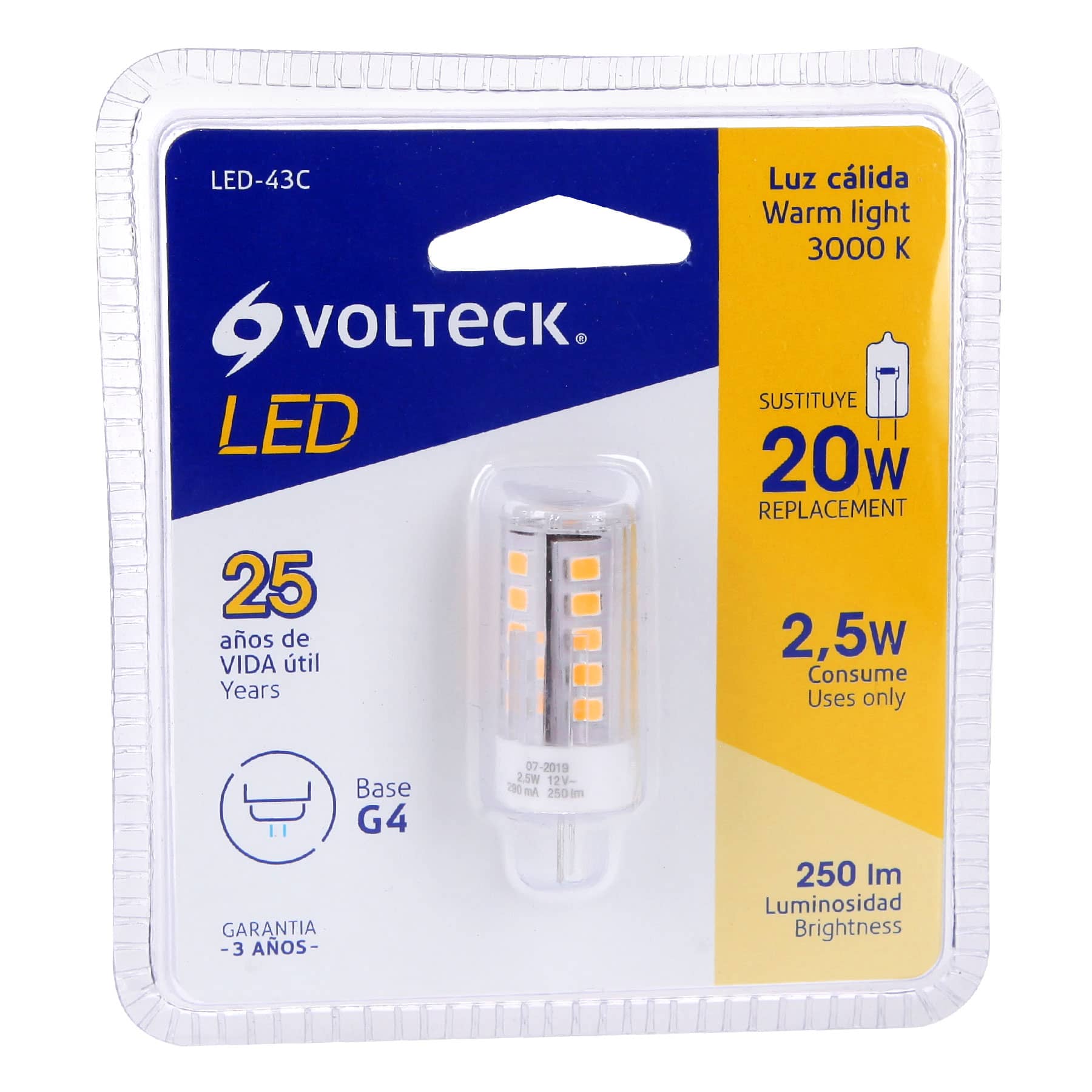 Lámpara de LED tipo cápsula 3 W base G4 luz cálida, blíster