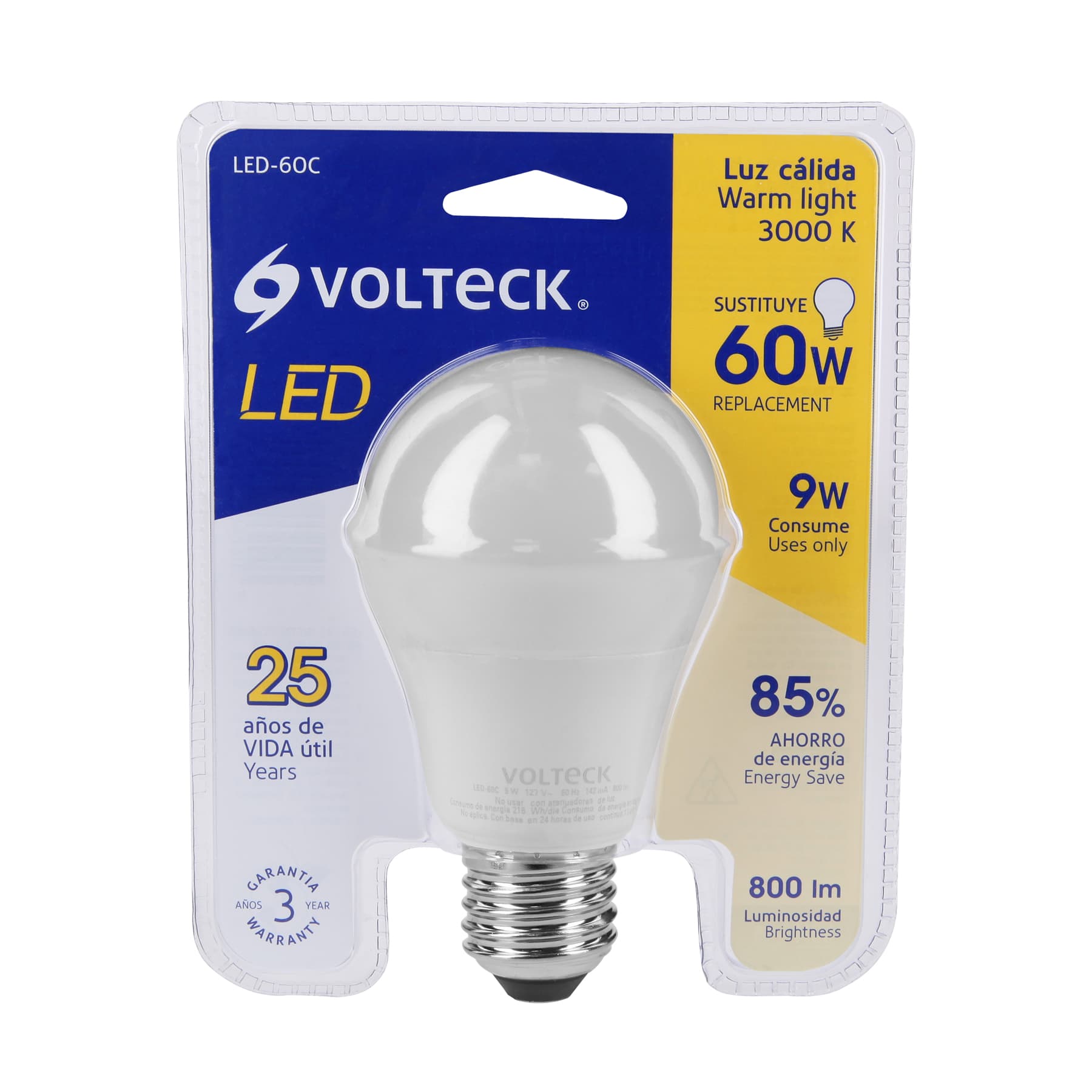 Lámpara LED A19 9 W (equiv. 60 W) luz cálida blíster Volteck